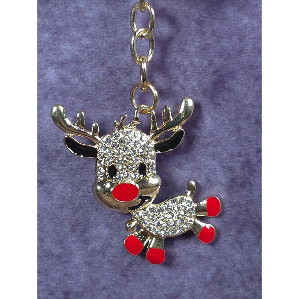 Sparkling Rhinestone Reindeer Keychain Gold Tone Christmas Gift Accessory